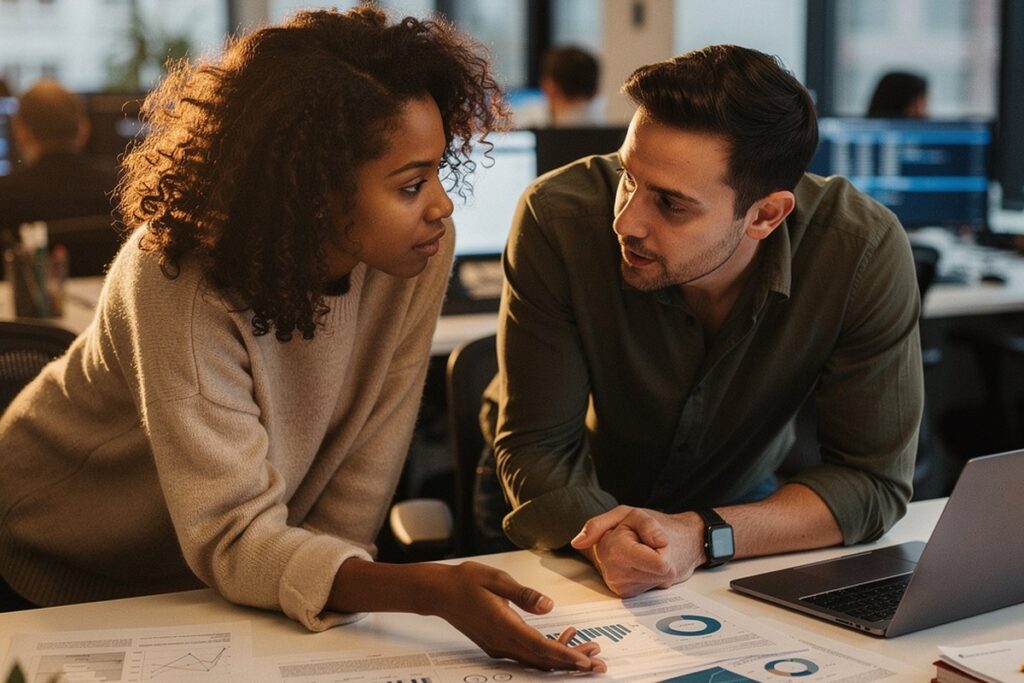 Two colleagues discussing printed charts and graphs at an office desk with a laptop