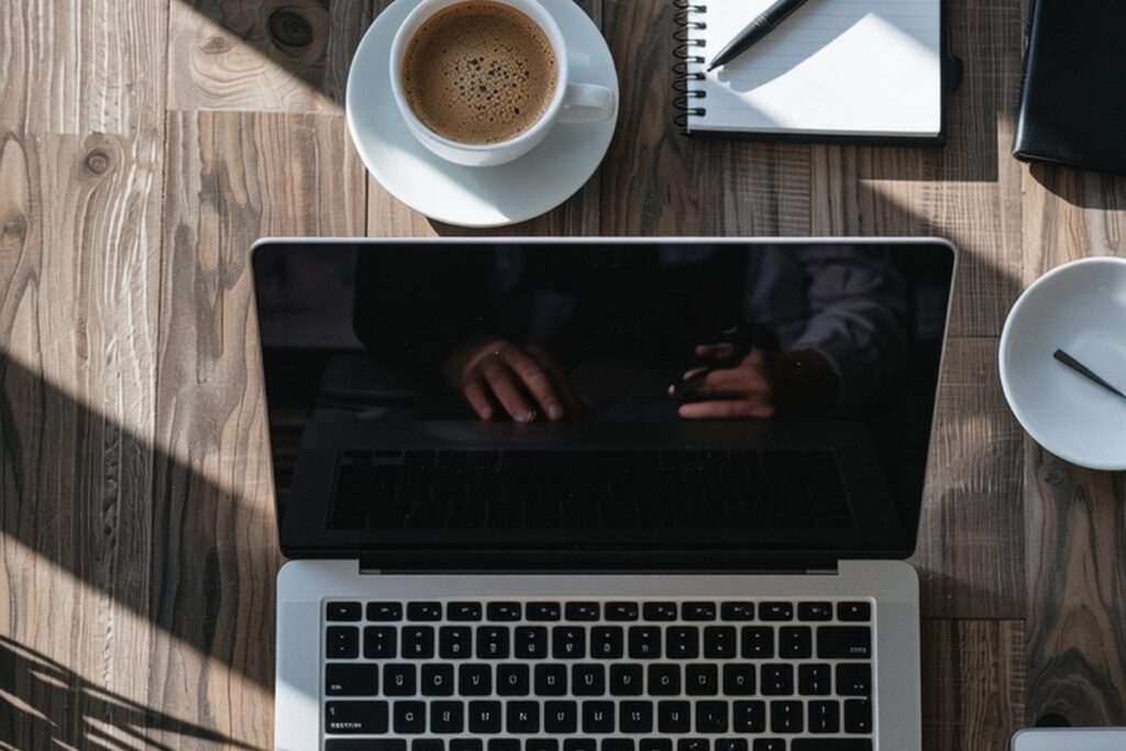 Overhead view of an open laptop, a cup of coffee and a notepad with a pen on a sunlit wooden desk