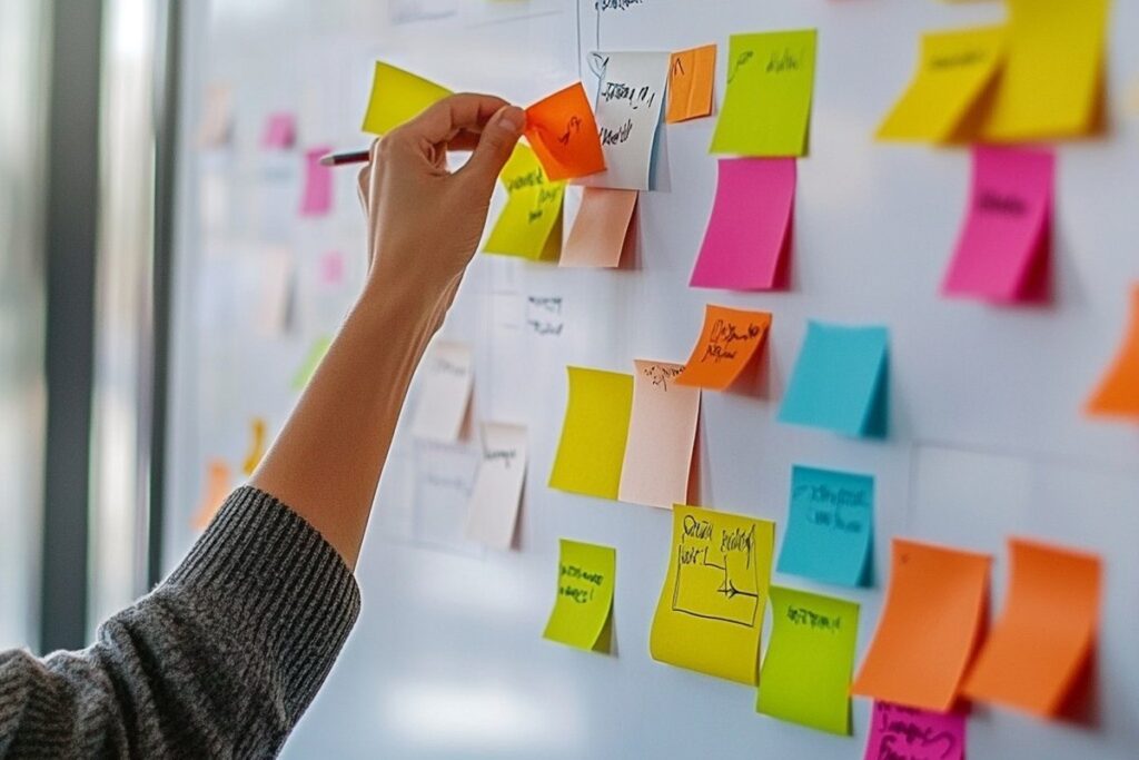 A hand placing a sticky note on a whiteboard covered with colorful notes and handwritten planning diagrams