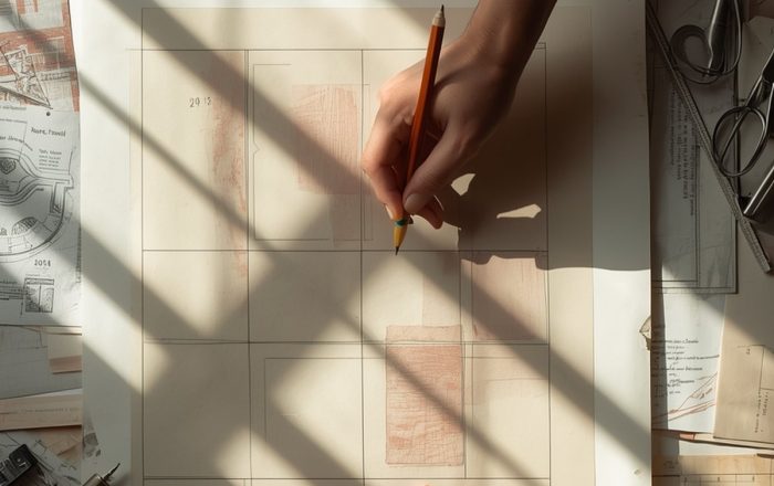 Brand positioning A hand sketching a grid layout in pencil on paper, surrounded by clippings, rulers and design references