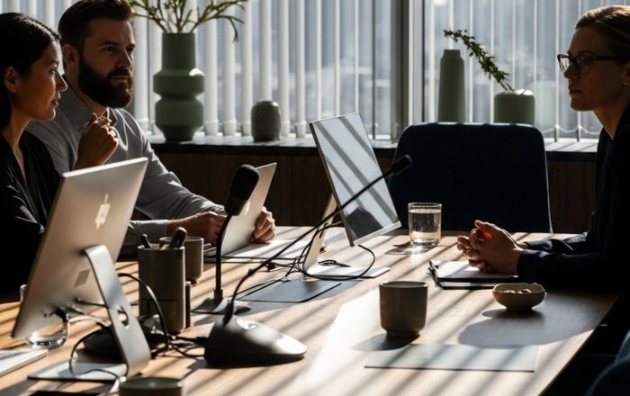 Consumer and B2B marketing Colleagues in a boardroom meeting around a long table with laptops and microphones, a city skyline through the windows