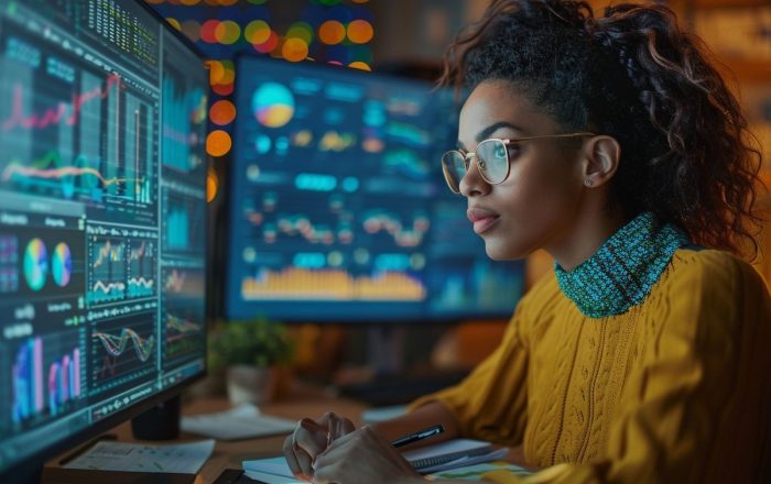 Product marketing A marketer reviewing colorful analytics dashboards on two monitors while taking notes
